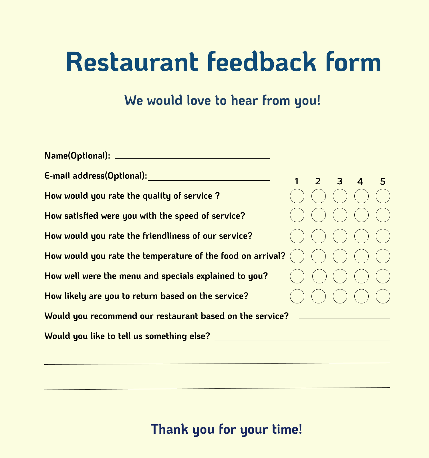 Creative Restaurant Feedback Form Templates